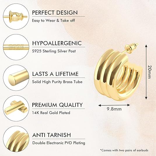 14K Gold Plated Post Chunky Open Hoops for Women | Trendy Gold Hoop Earrings in Yellow Gold Plating Everyday Earrings for Jewelry for Women Girl Gifts