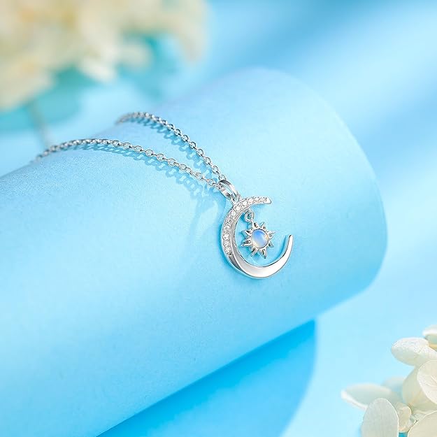 Silver Moon and Sun Necklace for Women, Moon Opal Pendant Necklace Dainty Trendy Celtic Necklace Jewelry Gift