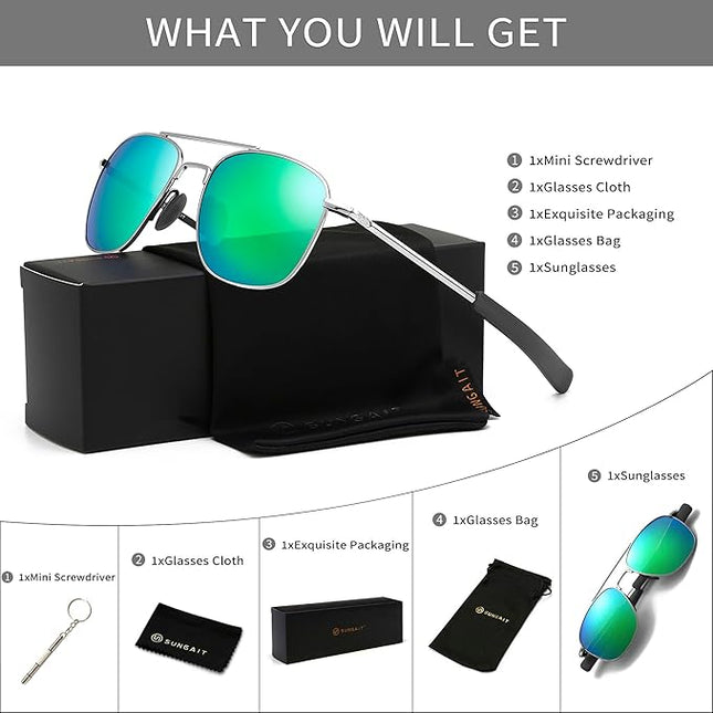 SUNGAIT Men's Military Style Polarized Pilot Aviator Sunglasses Bayonet Temples