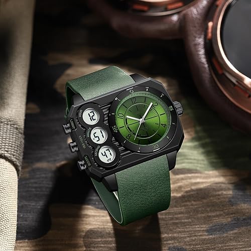 findtime Big Face Watch for Men Square Large Face Cool Mens Watches with Three Time Zone Countdown Alarm LED Stopwatch Unique Cool Wristwatch