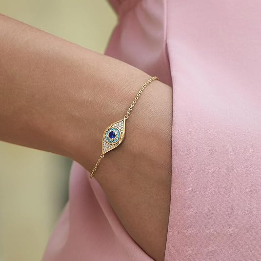 Cicy Bell Evil Eye Bracelet 18k Gold Plated Turquoise Zirconia Link Bracelets Trendy Jewelry Gift for Women Adjustable 5.9" with 1.9'' Extender