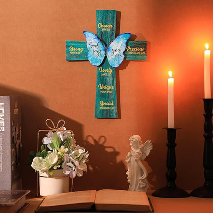 Panelee 11.81 Inch Christian Wood Sign Wood Cross Butterfly Wall Decor Sunflower Bible Verse Wall Sign Bible Theme Inspirational Wood Sign Scripture Hanging Sign for Room Office Kitchen(Cross)
