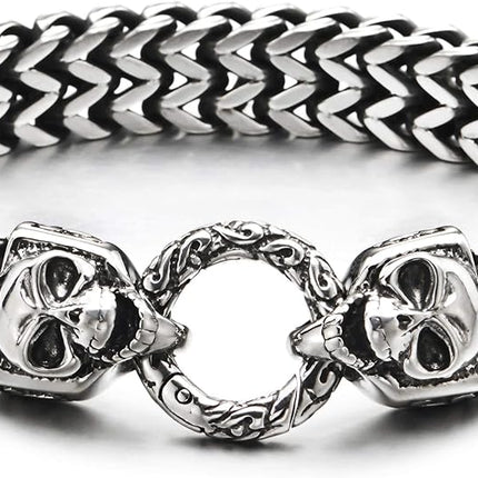 COOLSTEELANDBEYOND Gothic Mens Stainless Steel Franco Box Chain Link Curb Chain Bracelet with Skulls Spring Ring Clasp