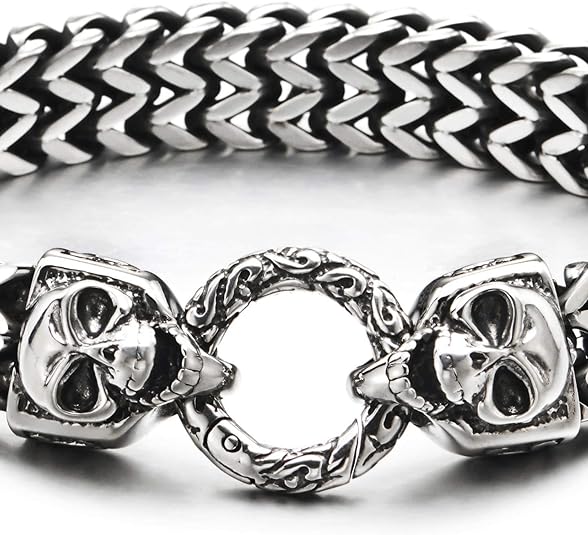 COOLSTEELANDBEYOND Gothic Mens Stainless Steel Franco Box Chain Link Curb Chain Bracelet with Skulls Spring Ring Clasp
