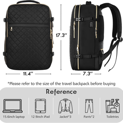MOMUVO Travel Backpack for Women, Carry On Backpack Airline Approved with 3 Packing Cubes, 15.6 Inch Laptop Backpack with USB Charging Port, Casual Daypack for Weekender Business College, Black