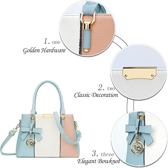 KKXIU 3 Zippered Compartments Purses and Handbags for Women Top Handle Satchel Shoulder Ladies Bags (A-Blue White Pink)