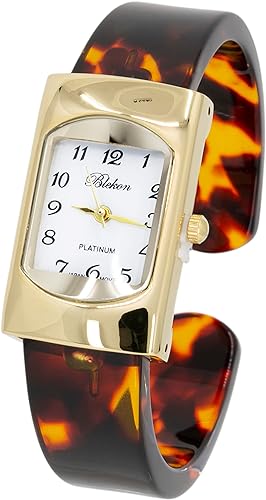 Blekon Collections Women's Round, Oval, Rectangle Case Shapes Acrylic Tortoise Shell Color Design Cuff Bangle Watch