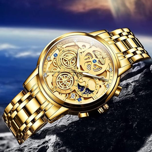 OLEVS Skeleton Watch Men Luxury Analog Mens Watches Large Face Waterproof Dress Watches for Men Diamond Chronograph Stainless Steel Men's Wrist Watch Reloj para Hombre Gold