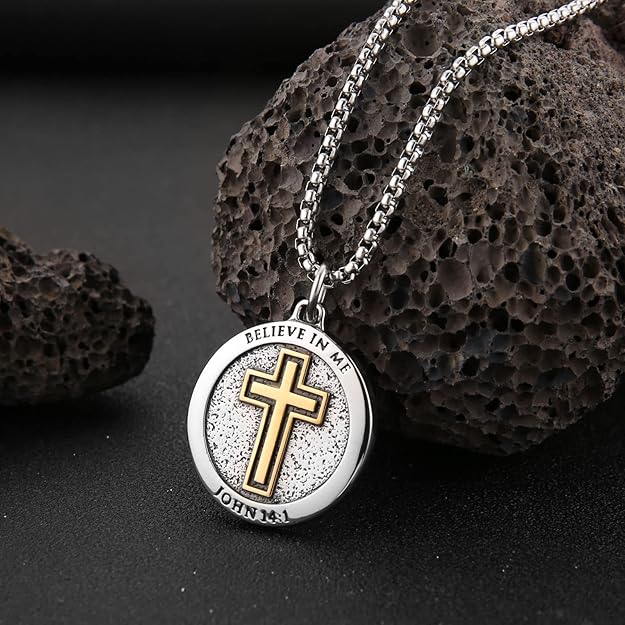 HZMAN Bible Verse Necklace for Men Women Stainless Steel Inspirational Verse Cross Round Pendant Jewelry Gift