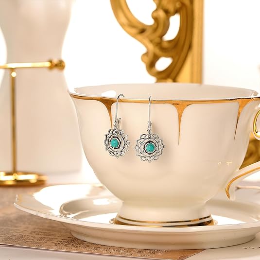 Turquoise Flower Earrings for Women 925 Sterling Silver Dangle Drop Earrings Round/Oval/Marquise Shape Turquoise Earring Push Back/Leverback