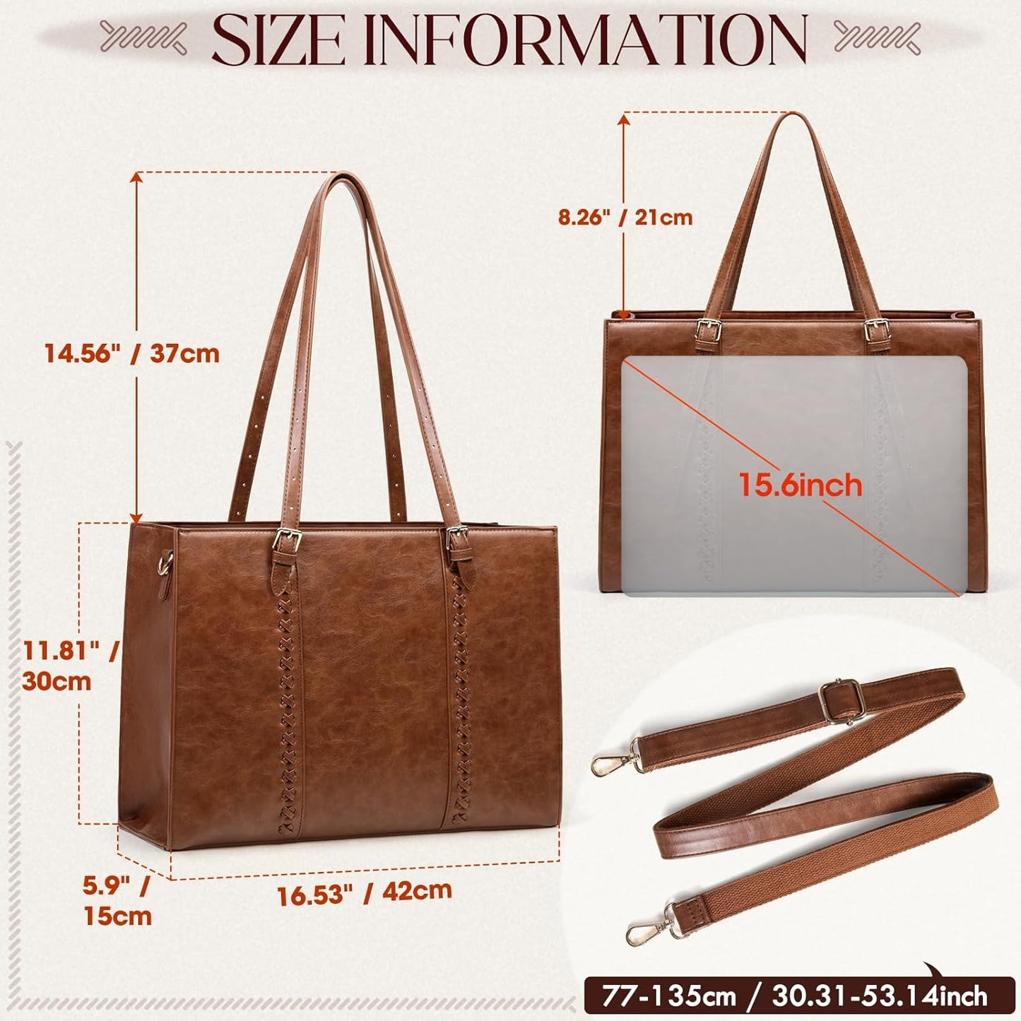 RAINSMORE Laptop Bag for Women 15.6 inch Leather Waterproof Computer Work Bags Large Laptop Tote Bag Professional Business Office Briefcase Women Lightweight Shoulder Handbags, Brown