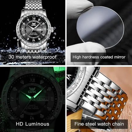 OPK Mens Watch Simple Fashion Diamonds Stainless Steel Analog Men Wrist Watch Diamond Large Dial Waterproof Date Casual Watch for Man