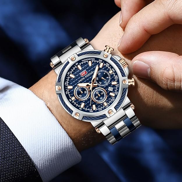 MF MINI FOCUS Business Men Watches (Chronograph/Waterproof/Luminous/Calendar/24 Hours) Big Face Stainless Steel Band Watches for Men