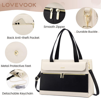 LOVEVOOK Laptop Tote for Women - 15.6 Inch Professional Leather Computer Briefcase - Waterproof Shoulder Bag - Large Capacity Business & Office Bag