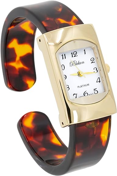 Blekon Collections Women's Round, Oval, Rectangle Case Shapes Acrylic Tortoise Shell Color Design Cuff Bangle Watch