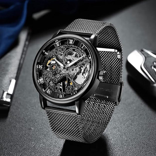 Men's Skeleton Mechanical Roman Numeral Mesh Strap Watch, Hand Winding Mechanical Mesh Luminous Waterproof Watch for Men