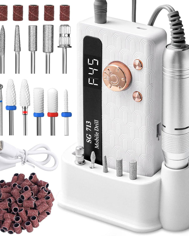 Professional Nail Drill Kit 45000RPM, Portable Electric Nail File with 13 Bits & 56pcs Sanding Bands,LED Screen,Ultra-Silent, Rechargeable Nail Drills Machine for Acrylic Nails Gel Polishing (White)