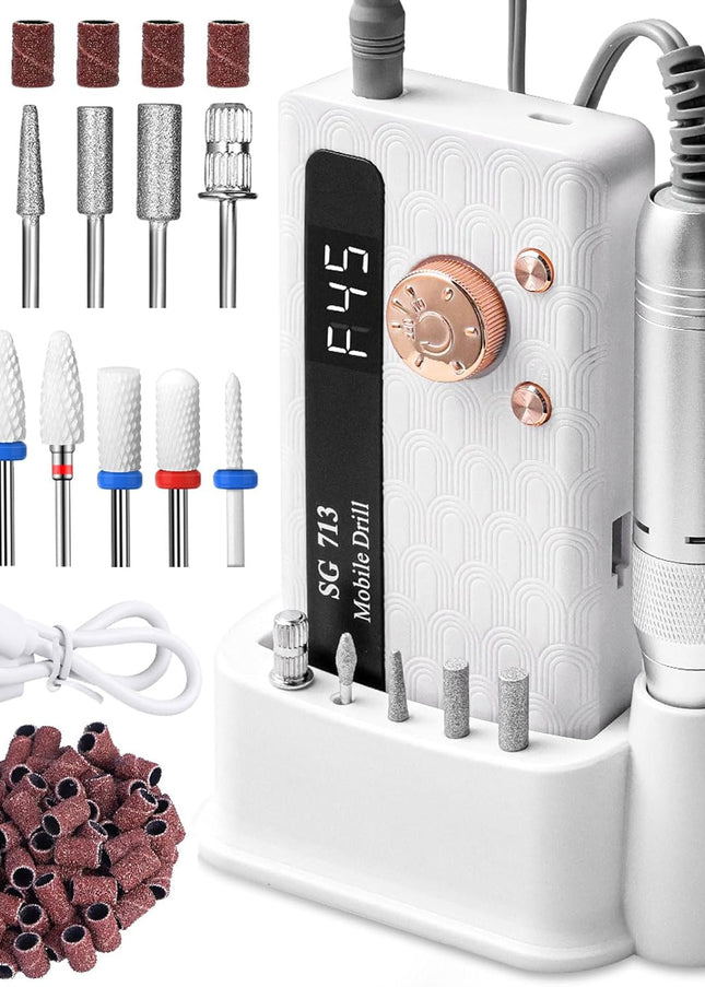 Professional Nail Drill Kit 45000RPM, Portable Electric Nail File with 13 Bits & 56pcs Sanding Bands,LED Screen,Ultra-Silent, Rechargeable Nail Drills Machine for Acrylic Nails Gel Polishing (White)