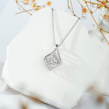 Arinza Necklaces for Women Sterling Silver Dancing Diamond Cubic Zirconia CZ Pendant, 18+2 inch Chain, Anniversary Birthday Jewelry Gifts for Wife/Mom/Women/Sister/Daughter