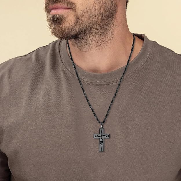 Faith Cross Necklace for Men Boys, Stainless Steel Cross Chain Pendant Necklace, Inspirational Bible Verse Christian Religious Easter Gifts 20+2in