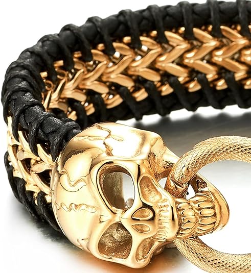 COOLSTEELANDBEYOND Mens Steel Gold Square Franco Chain Bracelet Interwoven with Black Leather, Skull Spring Ring Clasp
