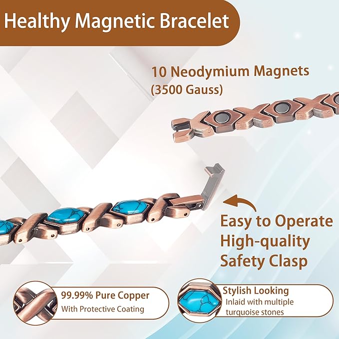 Copper Magnetic Bracelet for Women, Turquoise Detox Jewelry with 3500 Gauss Magnet (Type C)