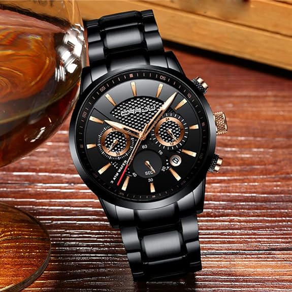 CRRJU Men's Business Casual Chronograph Quartz Waterproof Wristwatch Black Leather Strap