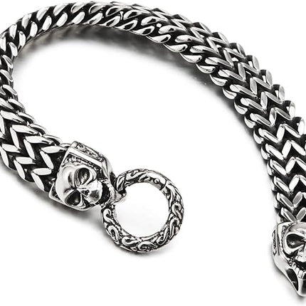 COOLSTEELANDBEYOND Gothic Mens Stainless Steel Franco Box Chain Link Curb Chain Bracelet with Skulls Spring Ring Clasp