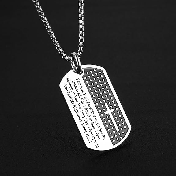 HZMAN Isaiah 41:10 Jewelry, Stainless Steel Cross Dog Tag Pendant Necklace Strength Bible Verse