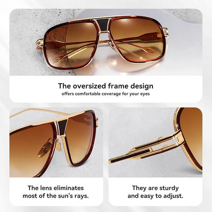 Dollger Sunglasses for Men Oversize Classic Black Shades Goggle Retro Gold Alloy Frame Sun Glasses