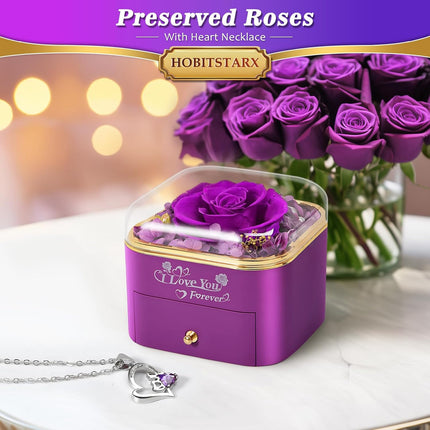 Preserved Real Purple/Red Rose with Love Necklace,Forever Flowers Gifts for Women Wife Mom Grandma Girlfriend, Christmas Valentines Anniversary Birthday Gifts for Her