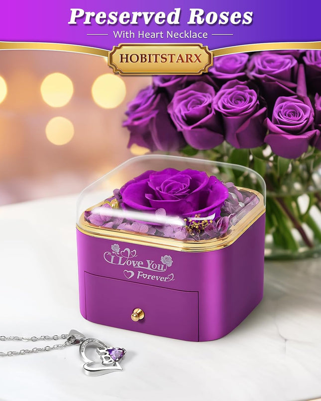 Preserved Real Purple/Red Rose with Love Necklace,Forever Flowers Gifts for Women Wife Mom Grandma Girlfriend, Christmas Valentines Anniversary Birthday Gifts for Her