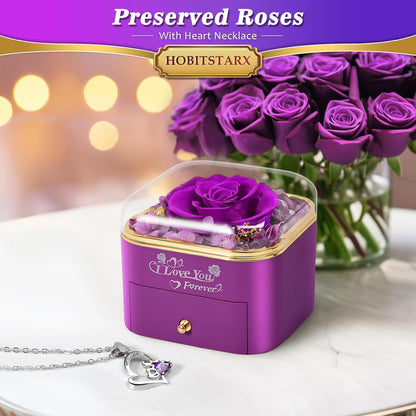 Preserved Real Purple Rose with Love Necklace,Forever Flowers Gifts for Women Wife Mom Grandma Girlfriend, Christmas Valentines Anniversary Birthday Gifts for Her