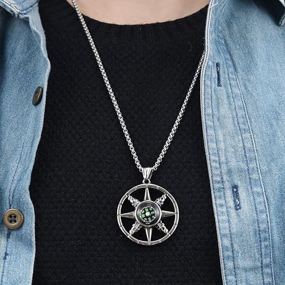 Jemant Compass Necklace For Men Silver Stainless Steel Chain Viking Goth Vintage Engraved Pattern Round Compass Pendant Necklace Non Tarnish Waterproof Jewelry For Navy Sailors