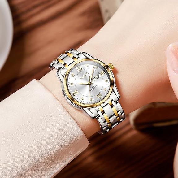 Watches for Women Stainless Steel Analog Quartz Watch for Women Waterproof Roman Numerals with Day Date Watch Luxury Dress Work Wrist Watch Casual Luminous Diamond Ladies Watch