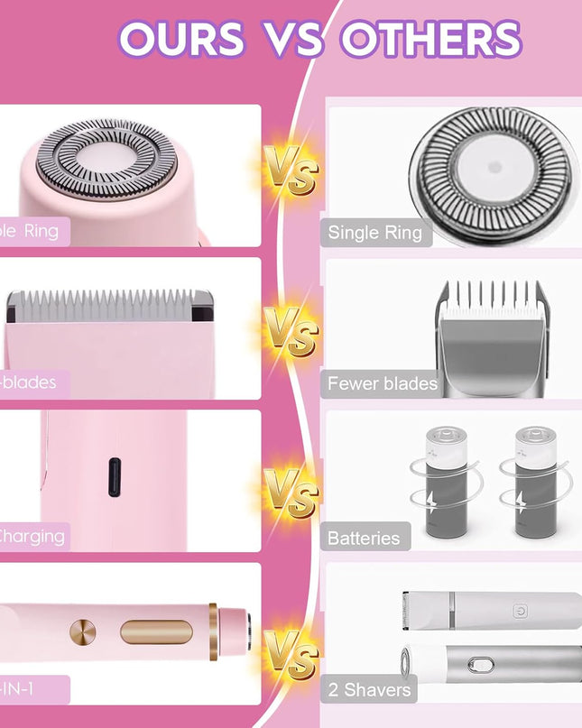 Bikini Trimmer for Women, 2-in-1 Electric Razor & Shaver, IPX7 Waterproof, Gentle Hair Removal for Pubic, Face, Legs, Underarms, Cordless Rechargeable with Ceramic Blades, Travel Friendly