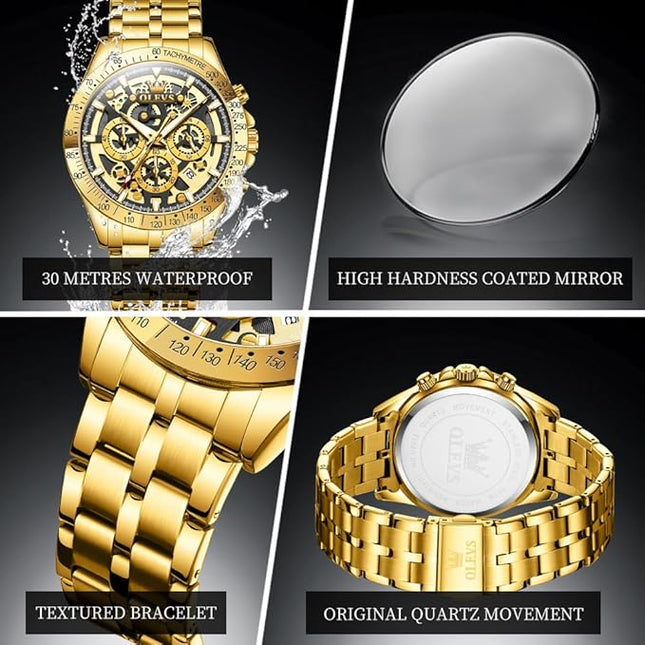 OLEVS Watch for Men Skeleton Business Dress Stainless Steel Waterproof Luminous Mens Wrist Watch