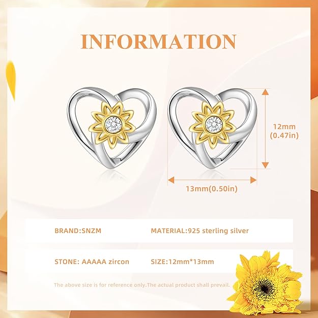 SNZM Stud Earrings for Women, S925 Sterling Silver Sunflower Earrings for Women Girls, Dainty Heart Stud Earrings Ear Wrap Jewelry for Valentine's Day/Birthday Gift