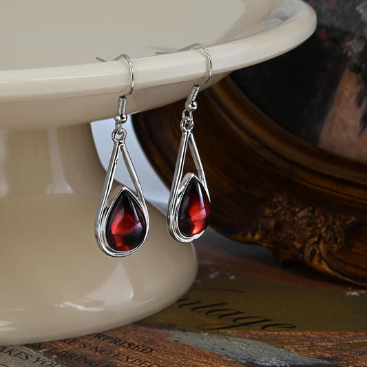 Ruby Gemstone Drop Dangle Earrings Red Teardrop Earrings with Silver Hook Crystal Earrings Birthstone Earrings for Women Trendy