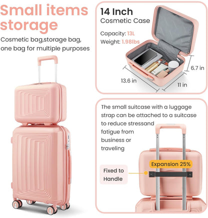 Luggage Set 4 Piece Suitcase Sets with Double Spinner Wheel, Expandable Hardside Travel Luggage with TSA Lock (14/20/24/28), PP Material Hardshell Carry on Travel Suitcases (D# Pink)