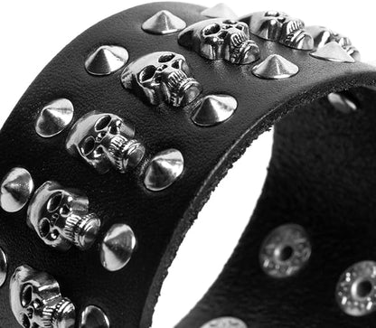 Black metal rivets studs punk rock biker wide belt leather bracelet guard wrist strap skull