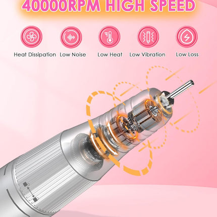 Portable Nail Drill Electric File: 40000RPM Professional Rechargeable Nail E-File Machine, Cordless Nail Drill with Bits & Base for Acrylic Nails Remove Nail Gel Polish Manicure for Salon Home, White