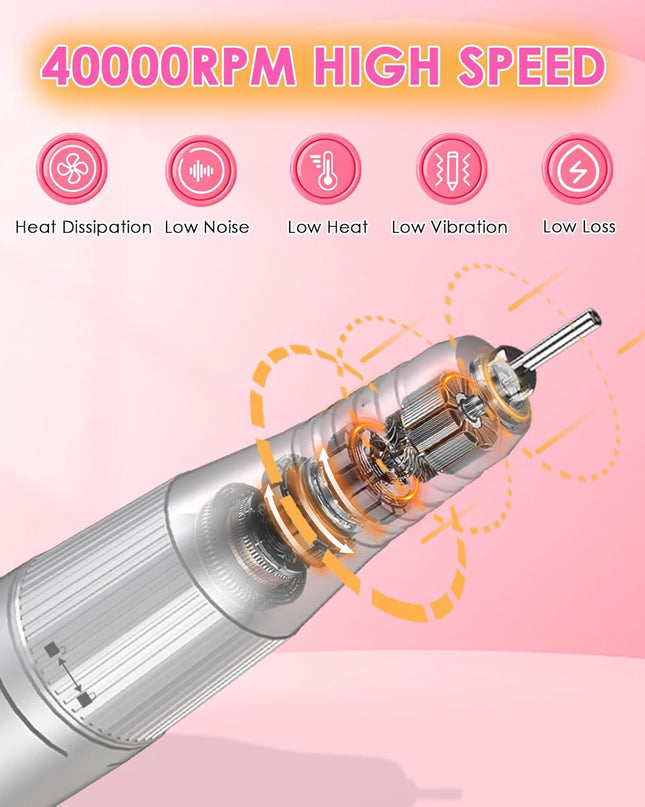 Portable Nail Drill Electric File: 40000RPM Professional Rechargeable Nail E-File Machine, Cordless Nail Drill with Bits & Base for Acrylic Nails Remove Nail Gel Polish Manicure for Salon Home, White