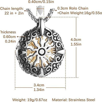 HZMAN Viking Vegvisir Norse Compass Stainless Steel Necklace Double-Sided Hollow Engraving Sun Totem Pendant Norse Amulet Jewelry