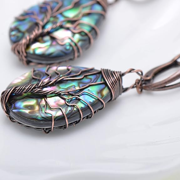 Bronze Copper Wired Sea Abalone Shell Tree of Life Earrings for Women, Vintage Latch Backs