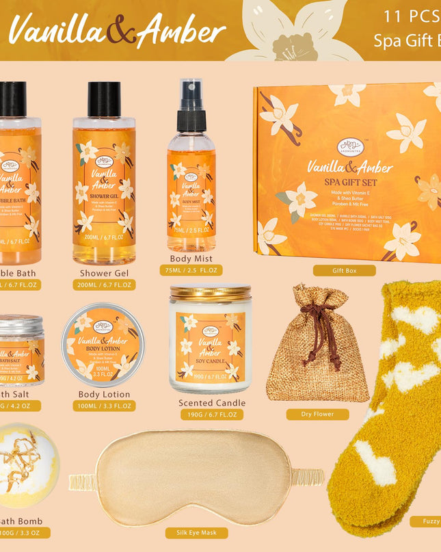 Bath Gift Set for Self Care, 11pcs Luxury Spa Gift Baskets for Women, Home Spa Essential W/ Bubble Bath, Body Lotion, Vanilla Amber Scented Candle, Birthday Gifts for Women, Mothers Day Gifts