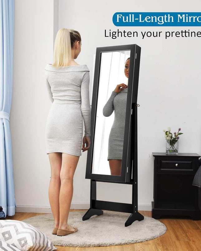 Giantex Jewelry Cabinet with Full-Length Mirror, Standing Jewelry Armoire Organizer with 64 Earring Slots, 72 Ring Slots, 20 Necklace Hooks, 4 Storage Shelves, 3 Angle Adjustable (Black)