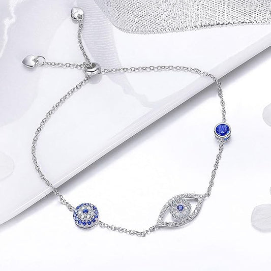 WOSTU Women Evil Eye Protection Bracelets 925 Sterling Silver White Gold Plated Adjustable Bracelets