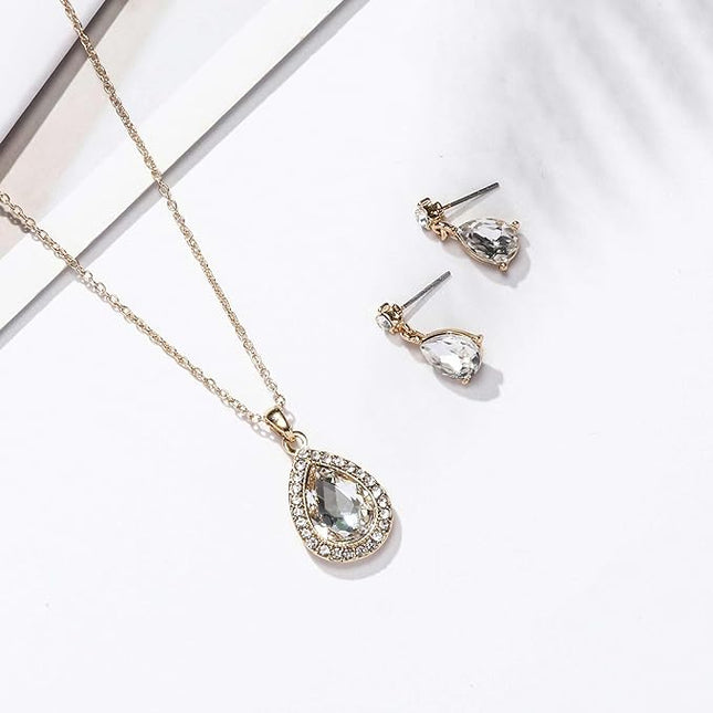 ZHUWE Bridesmaid Jewelry Set Gift for Wedding,18K Gold/Rose Gold/Silver Plated Teardrop Pendant Necklace Earring Set for Women Girls