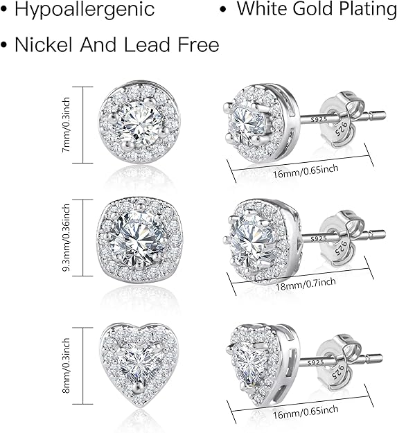 ALEXCRAFT Sterling Silver Stud Earrings for Women Girls Cubic Zirconia Halo Round Heart Square Diamond Large Silver Stud Set